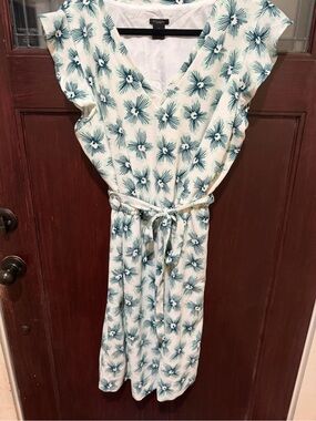 Ann Taylor Factory Teal Floral Midi Dress on Cream